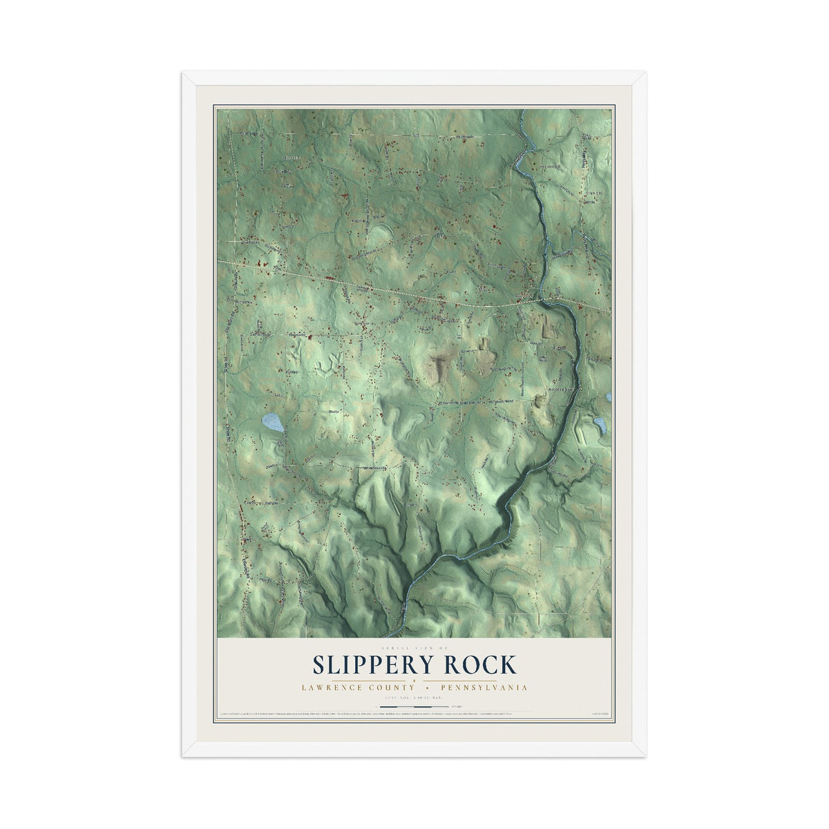 Map of Slippery Rock, Lawrence County, Pennsylvania, 12 x 18 inch print in a white wood frame