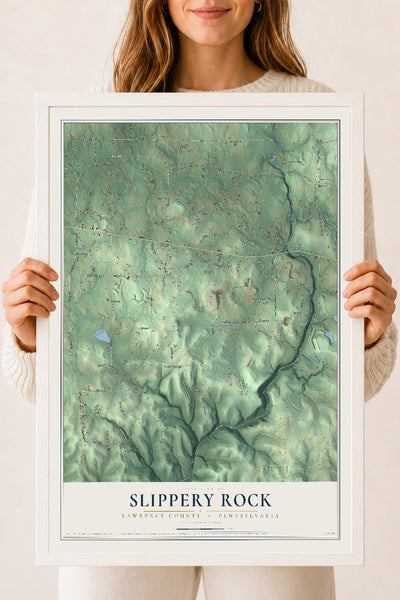 Map of Slippery Rock, Lawrence County, Pennsylvania, 18 x 24 inch print in a white wood frame