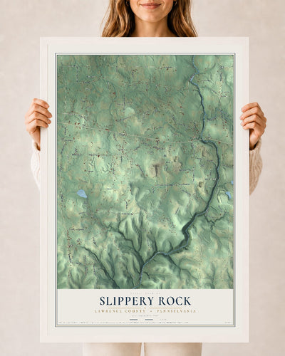 Map of Slippery Rock, Lawrence County, Pennsylvania, 24 x 36 inch print in a white wood frame