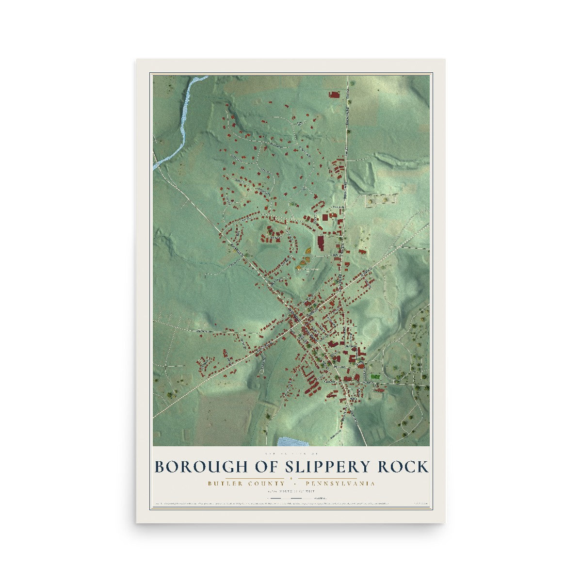 Map of the Borough of Slippery Rock, Butler County, Pennsylvania, 12 x 18 inch unframed archival matte print