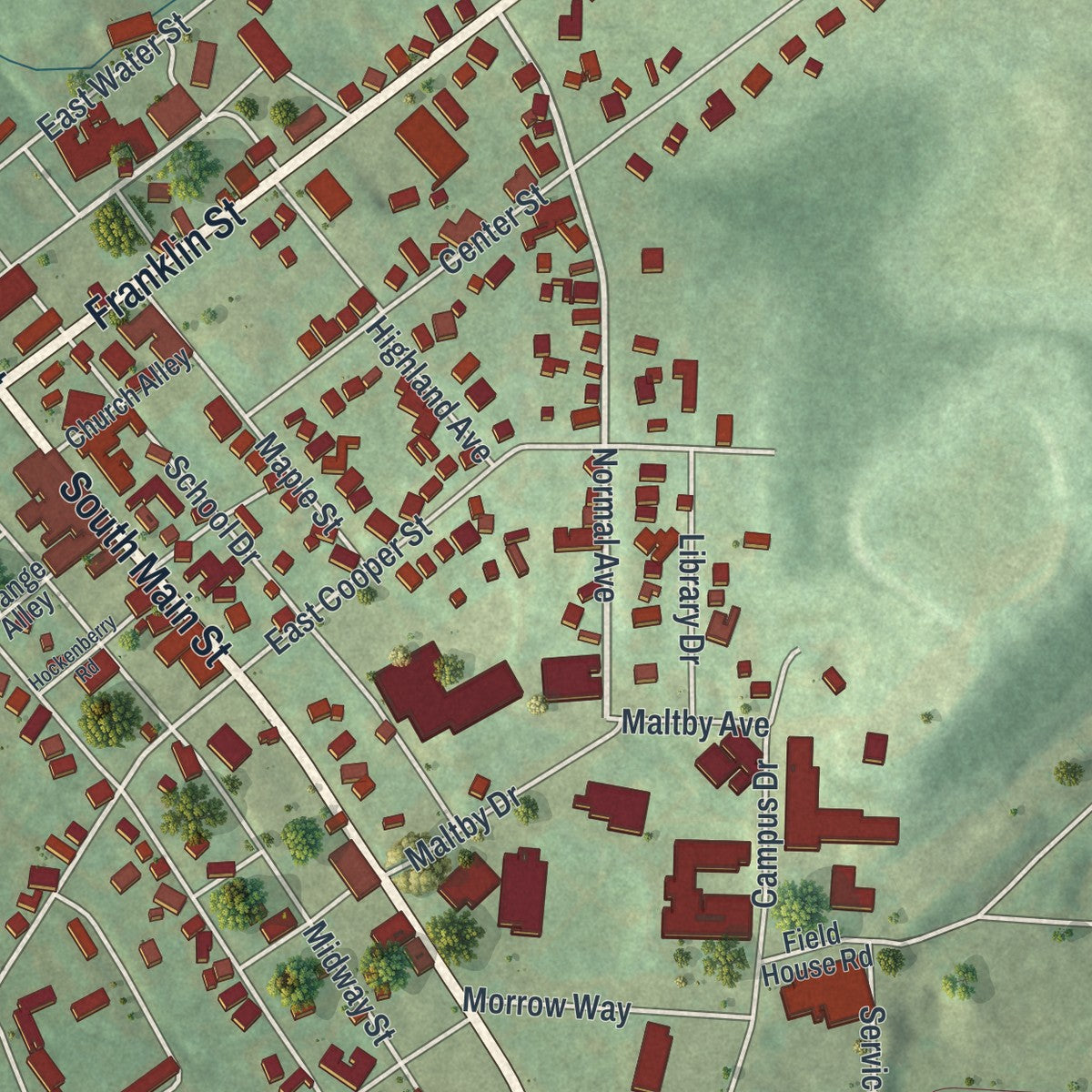 Close-up of the map of the Borough of Slippery Rock, Butler County, Pennsylvania print showing street and building detail