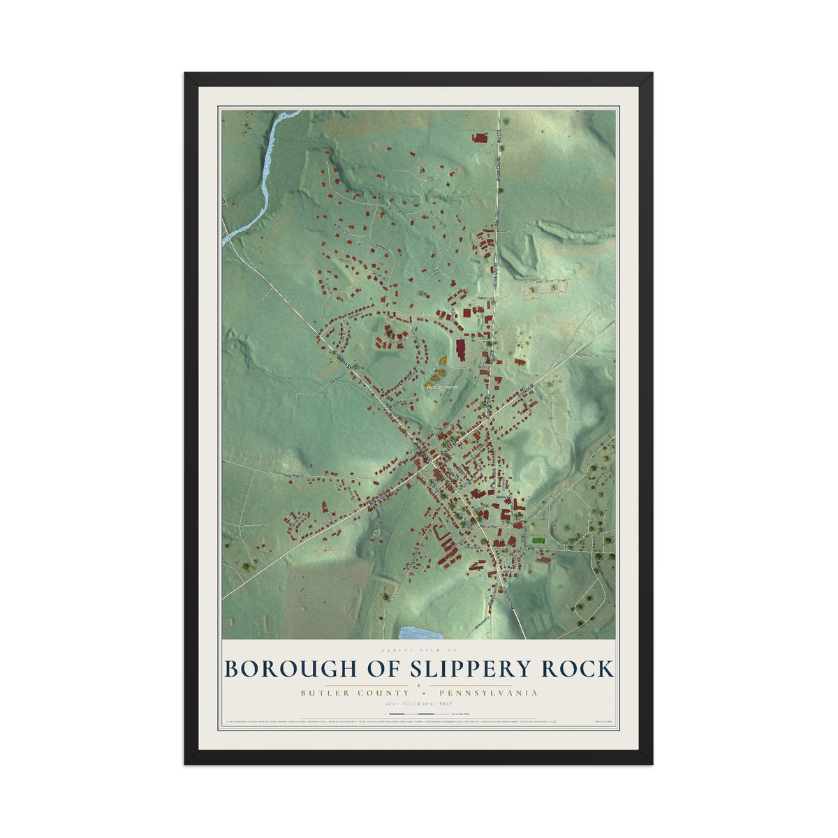 Map of the Borough of Slippery Rock, Butler County, Pennsylvania, 12 x 18 inch print in a black wood frame