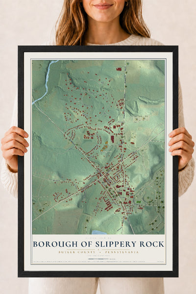 Map of the Borough of Slippery Rock, Butler County, Pennsylvania, 18 x 24 inch print in a black wood frame