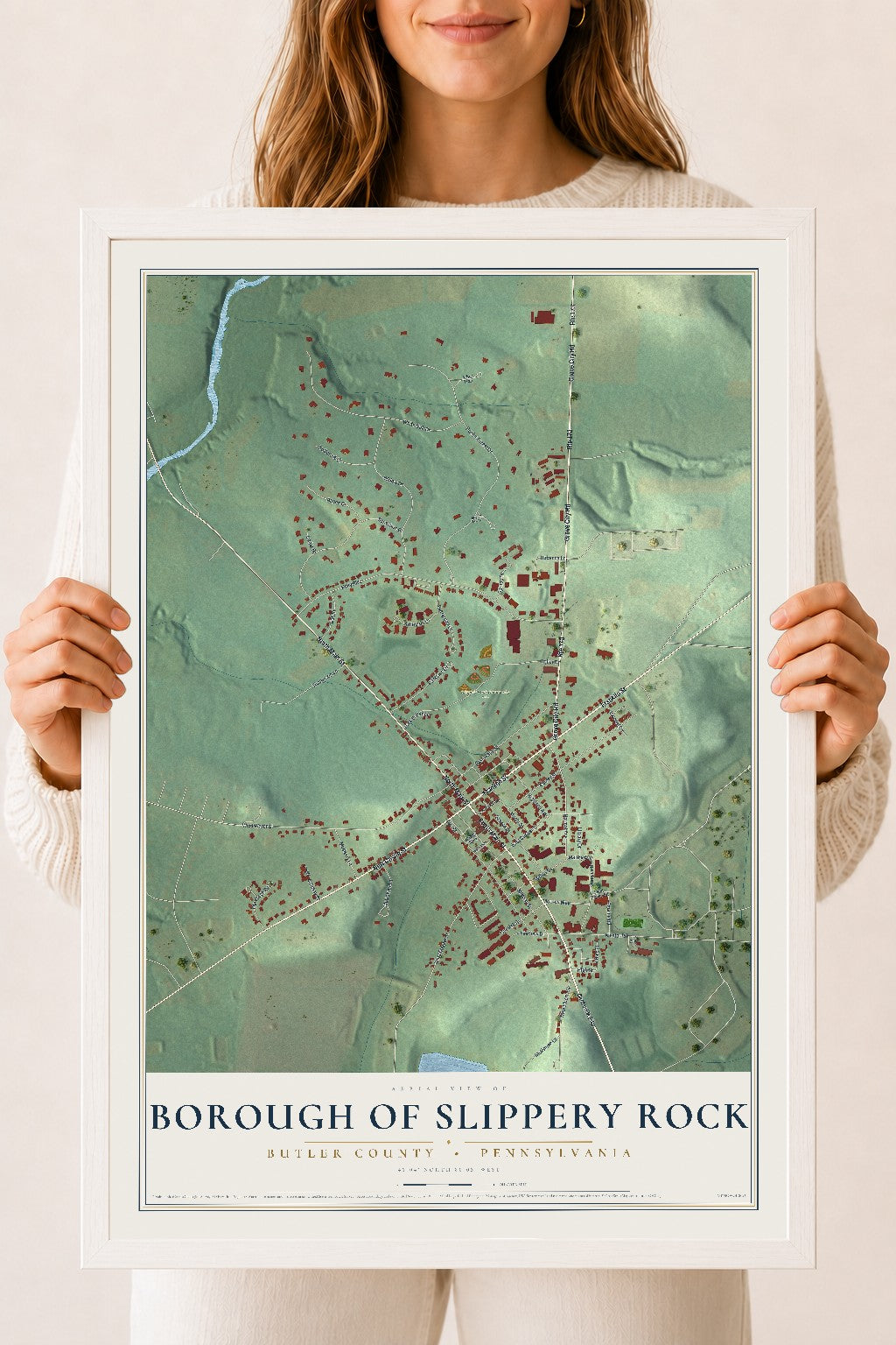 Map of the Borough of Slippery Rock, Butler County, Pennsylvania, 18 x 24 inch print in a white wood frame