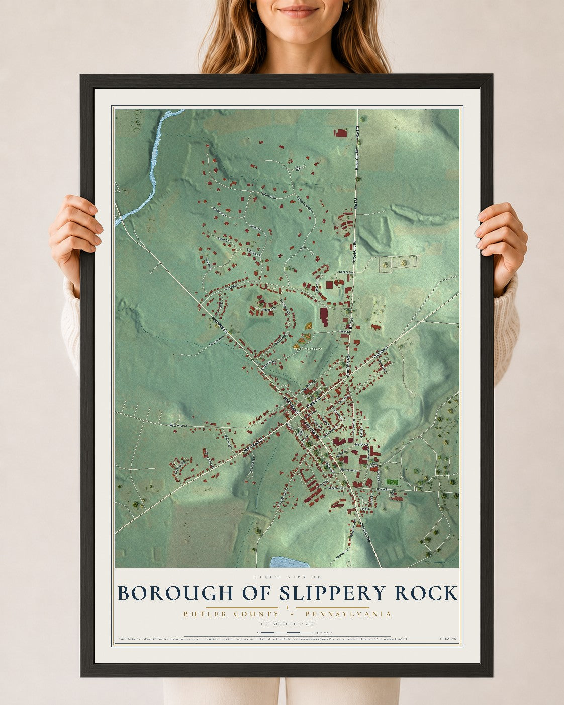 Map of the Borough of Slippery Rock, Butler County, Pennsylvania, 24 x 36 inch print in a black wood frame