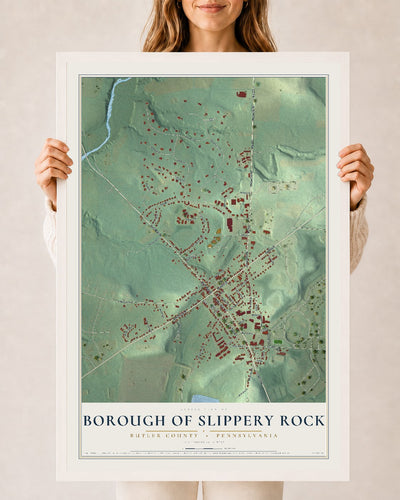 Map of the Borough of Slippery Rock, Butler County, Pennsylvania, 24 x 36 inch print in a white wood frame