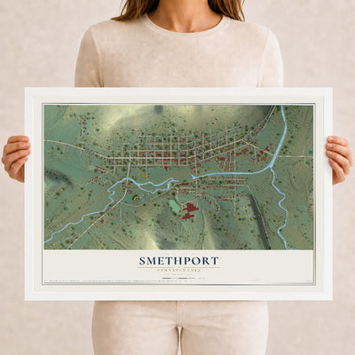 Map of Smethport, Pennsylvania, 12 x 18 inch print in a white wood frame