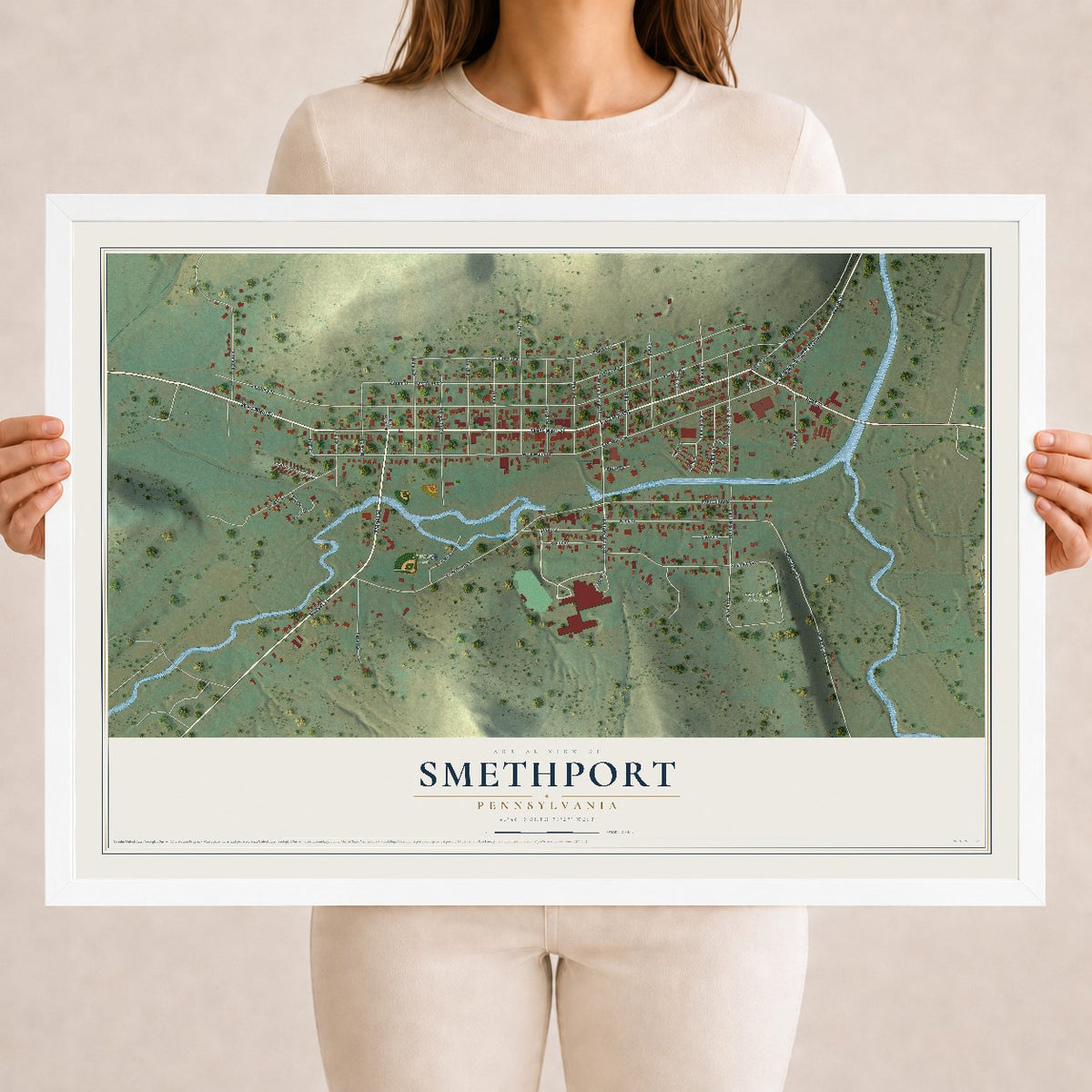 Map of Smethport, Pennsylvania, 18 x 24 inch print in a white wood frame