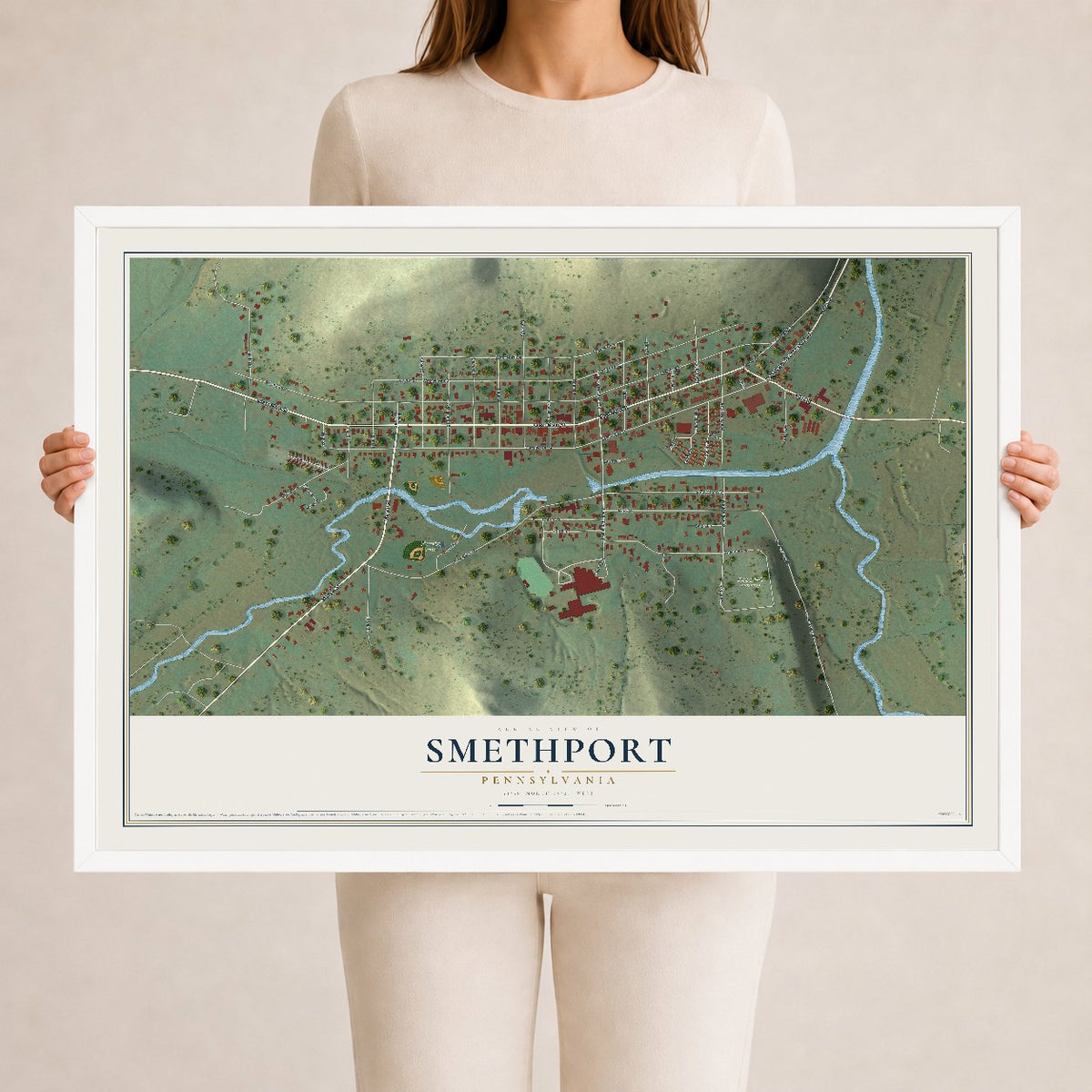 Map of Smethport, Pennsylvania, 24 x 36 inch print in a white wood frame