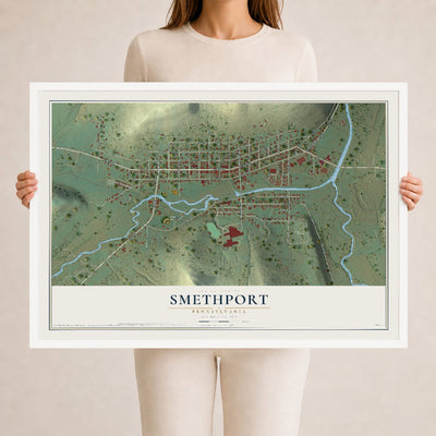 Map of Smethport, Pennsylvania, 24 x 36 inch print in a white wood frame