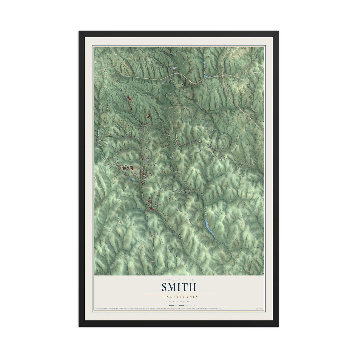 Map of Smith, Pennsylvania, 12 x 18 inch print in a black wood frame