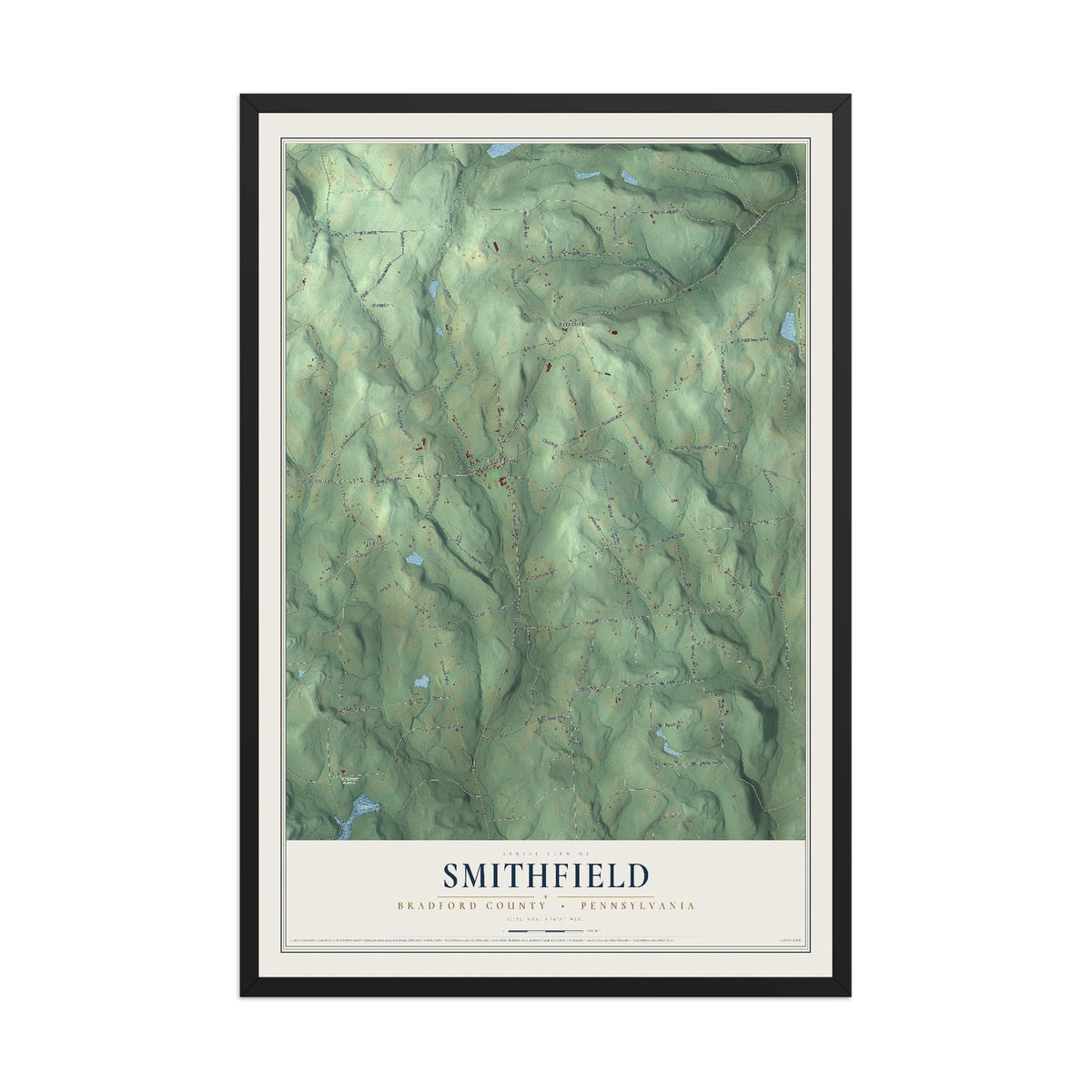 Map of Smithfield, Bradford County, Pennsylvania, 12 x 18 inch print in a black wood frame