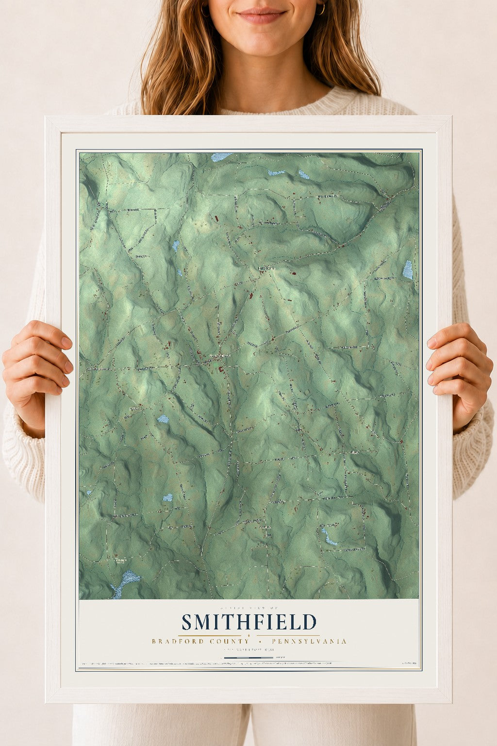 Map of Smithfield, Bradford County, Pennsylvania, 18 x 24 inch print in a white wood frame