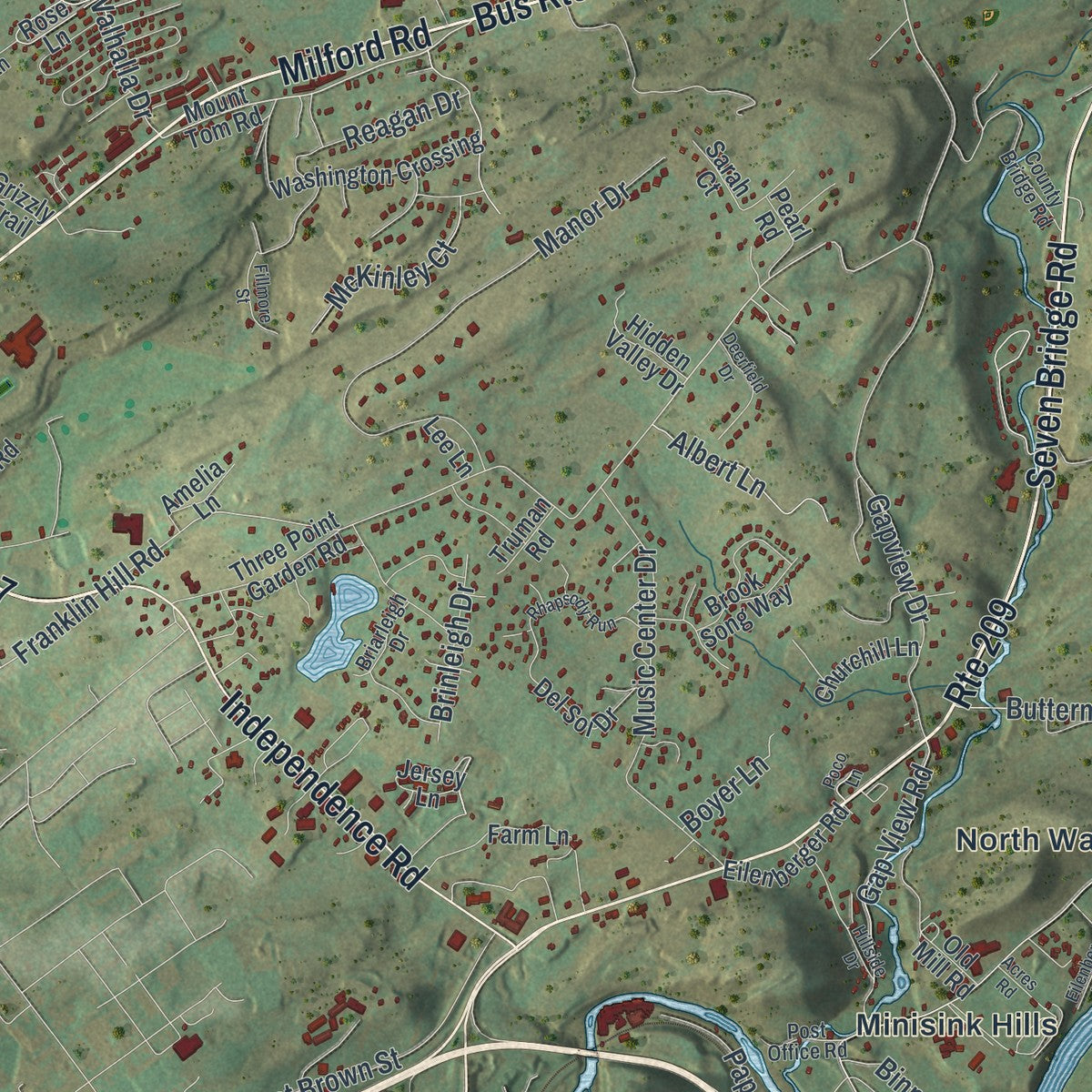 Close-up of the map of Smithfield, Monroe County, Pennsylvania print showing street and building detail