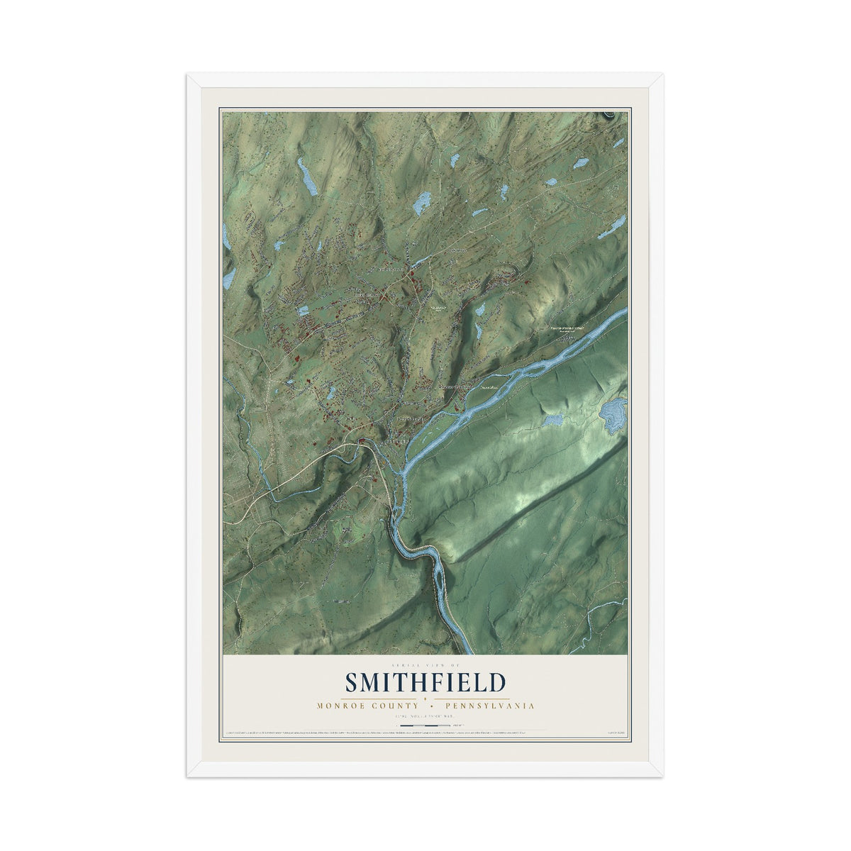 Map of Smithfield, Monroe County, Pennsylvania, 12 x 18 inch print in a white wood frame