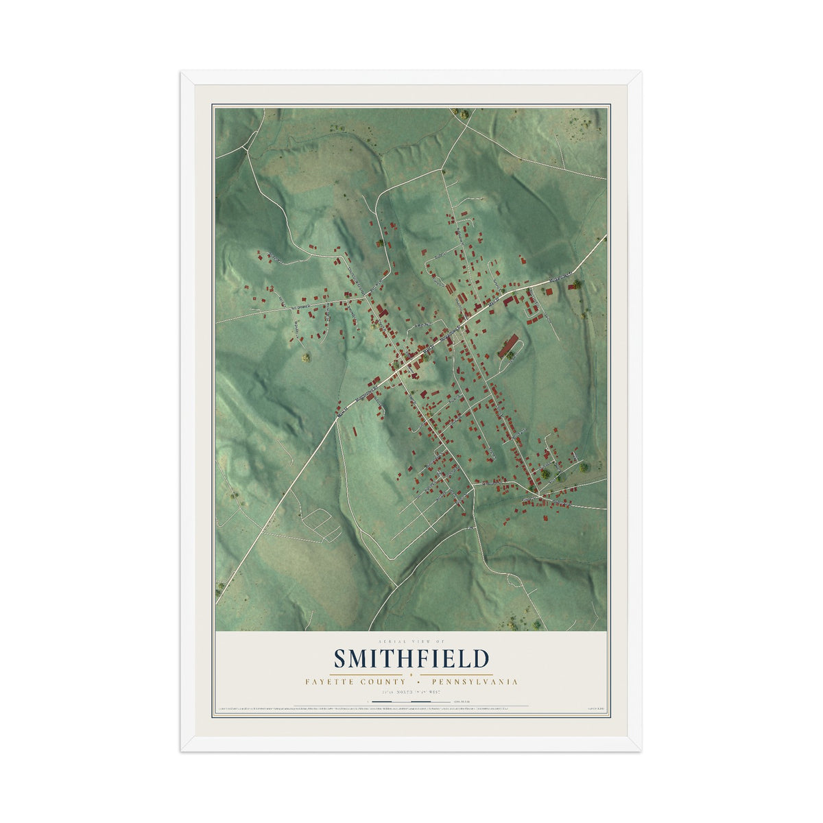 Map of Smithfield, Fayette County, Pennsylvania, 12 x 18 inch print in a white wood frame