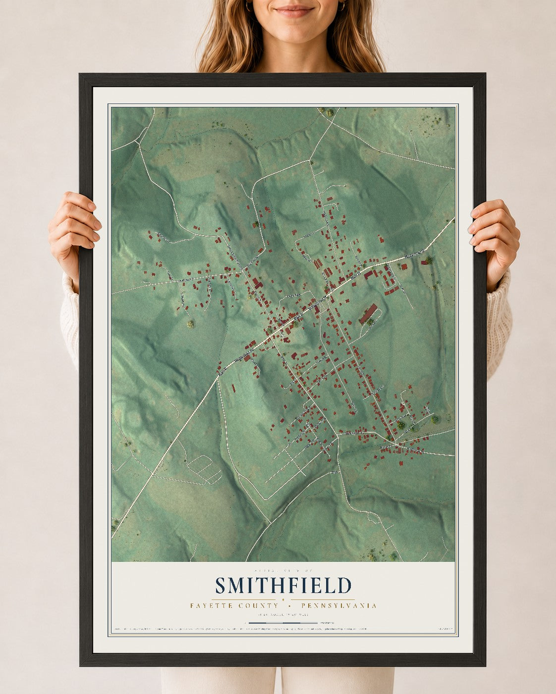Map of Smithfield, Fayette County, Pennsylvania, 24 x 36 inch print in a black wood frame