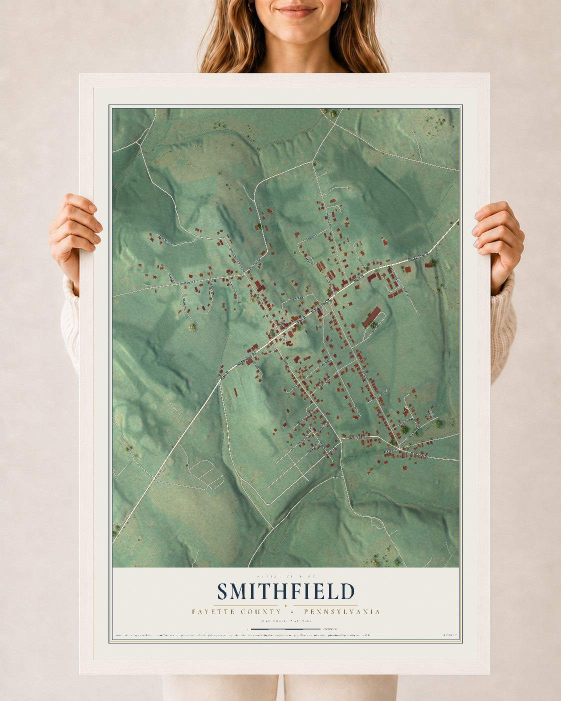 Map of Smithfield, Fayette County, Pennsylvania, 24 x 36 inch print in a white wood frame