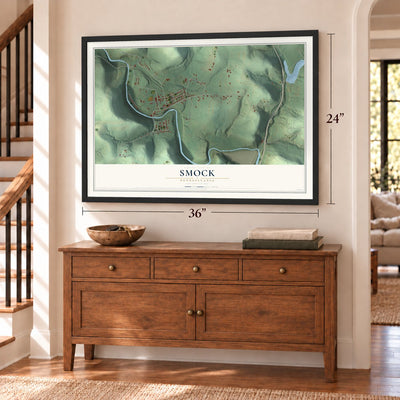 Smock, Pennsylvania map, 24 x 36 inch print in a black frame above a dresser by a staircase