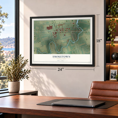 Smoketown, Pennsylvania map, 18 x 24 inch print in a black frame in a home office