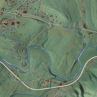 Second close-up of the map of Snake Spring, Pennsylvania print showing more streets and buildings