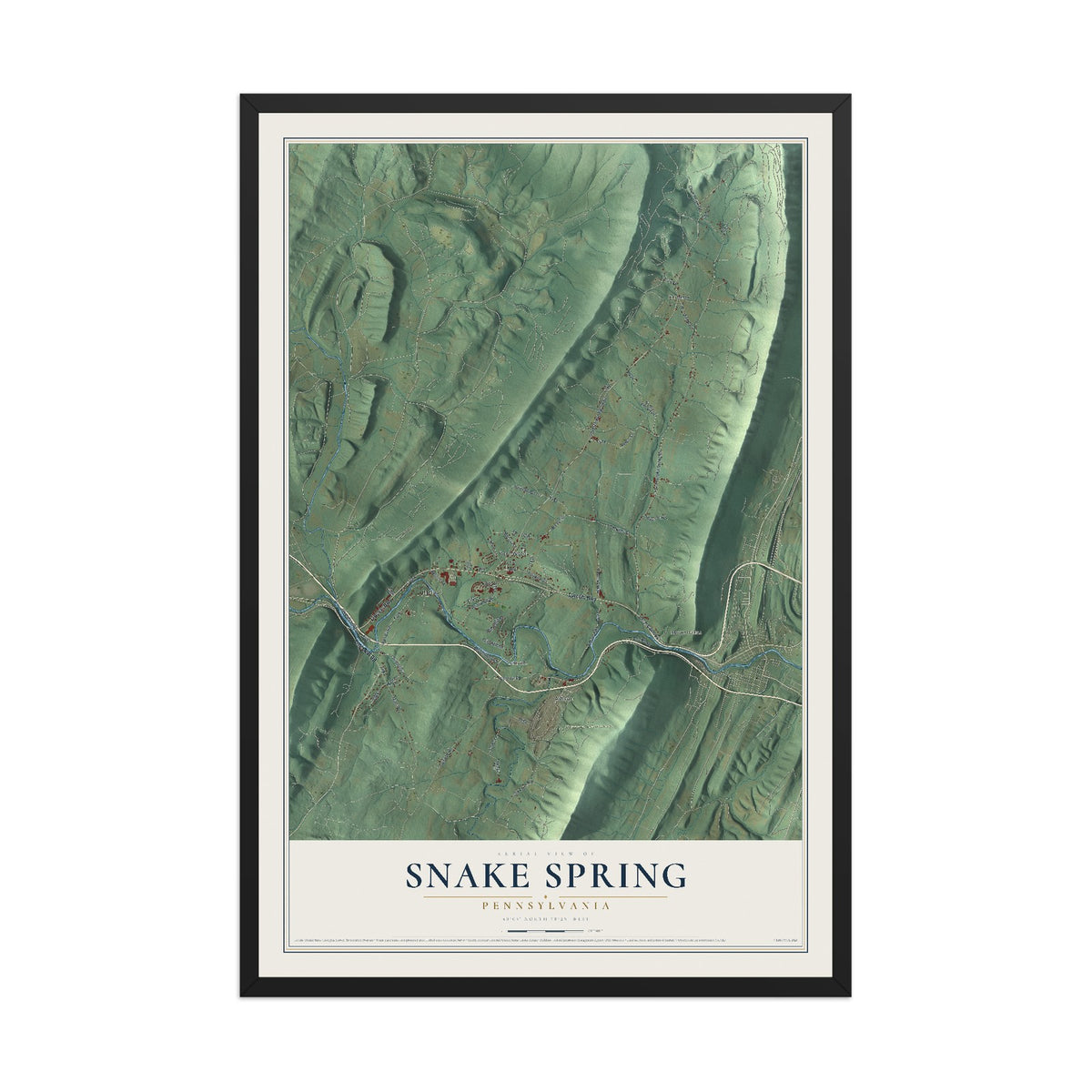 Map of Snake Spring, Pennsylvania, 12 x 18 inch print in a black wood frame