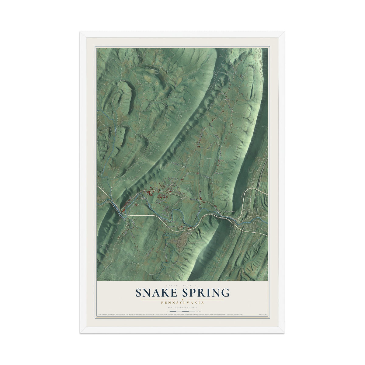 Map of Snake Spring, Pennsylvania, 12 x 18 inch print in a white wood frame