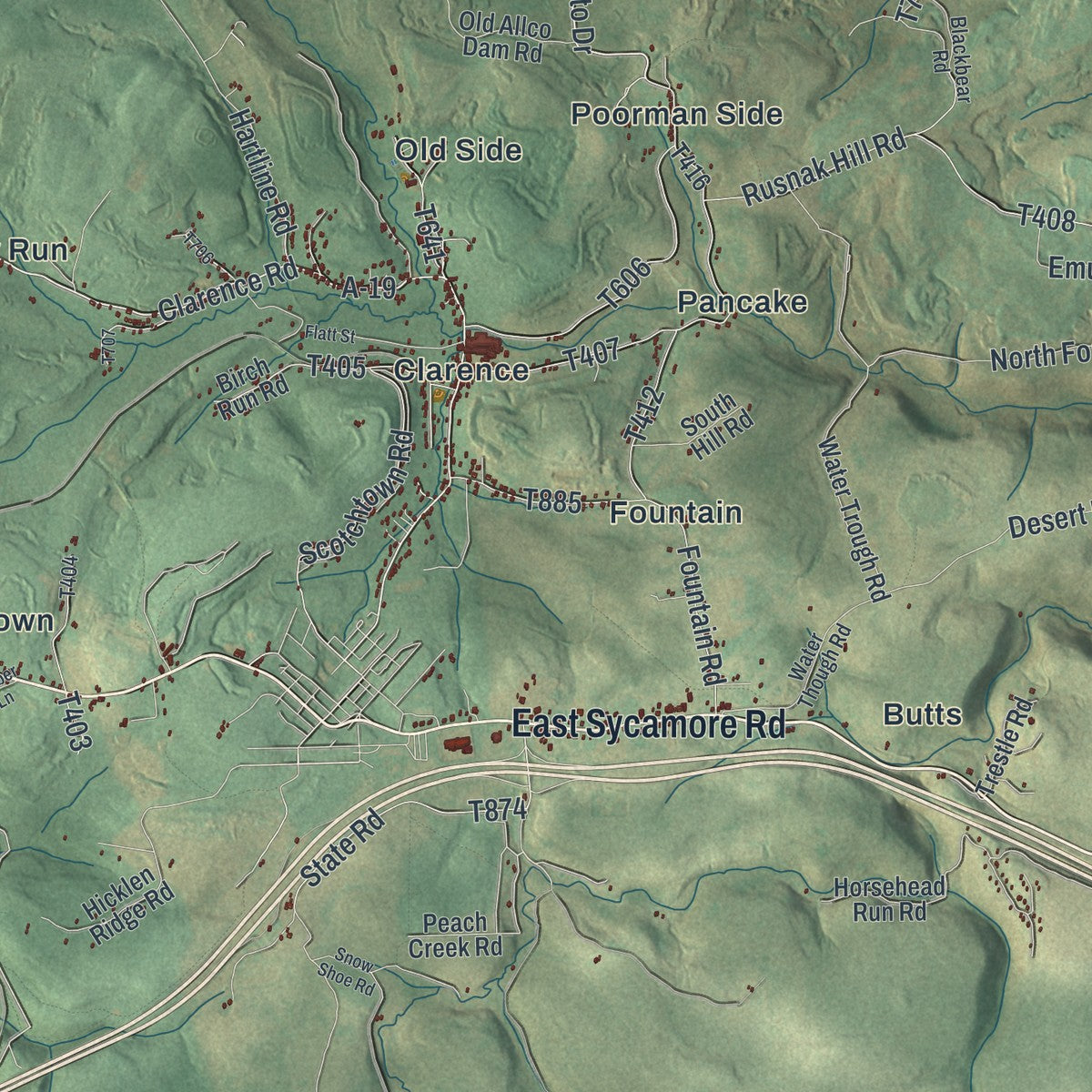 Close-up of the map of Snow Shoe, Centre County, Pennsylvania print showing street and building detail