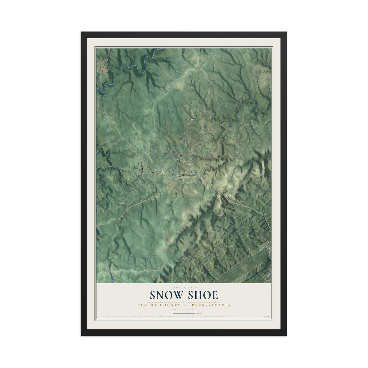 Map of Snow Shoe, Centre County, Pennsylvania, 12 x 18 inch print in a black wood frame