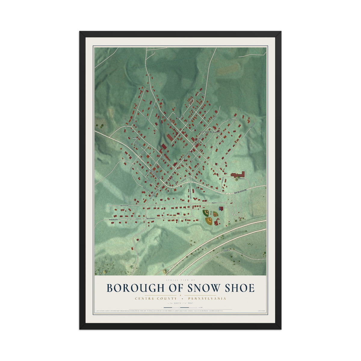 Map of the Borough of Snow Shoe, Centre County, Pennsylvania, 12 x 18 inch print in a black wood frame