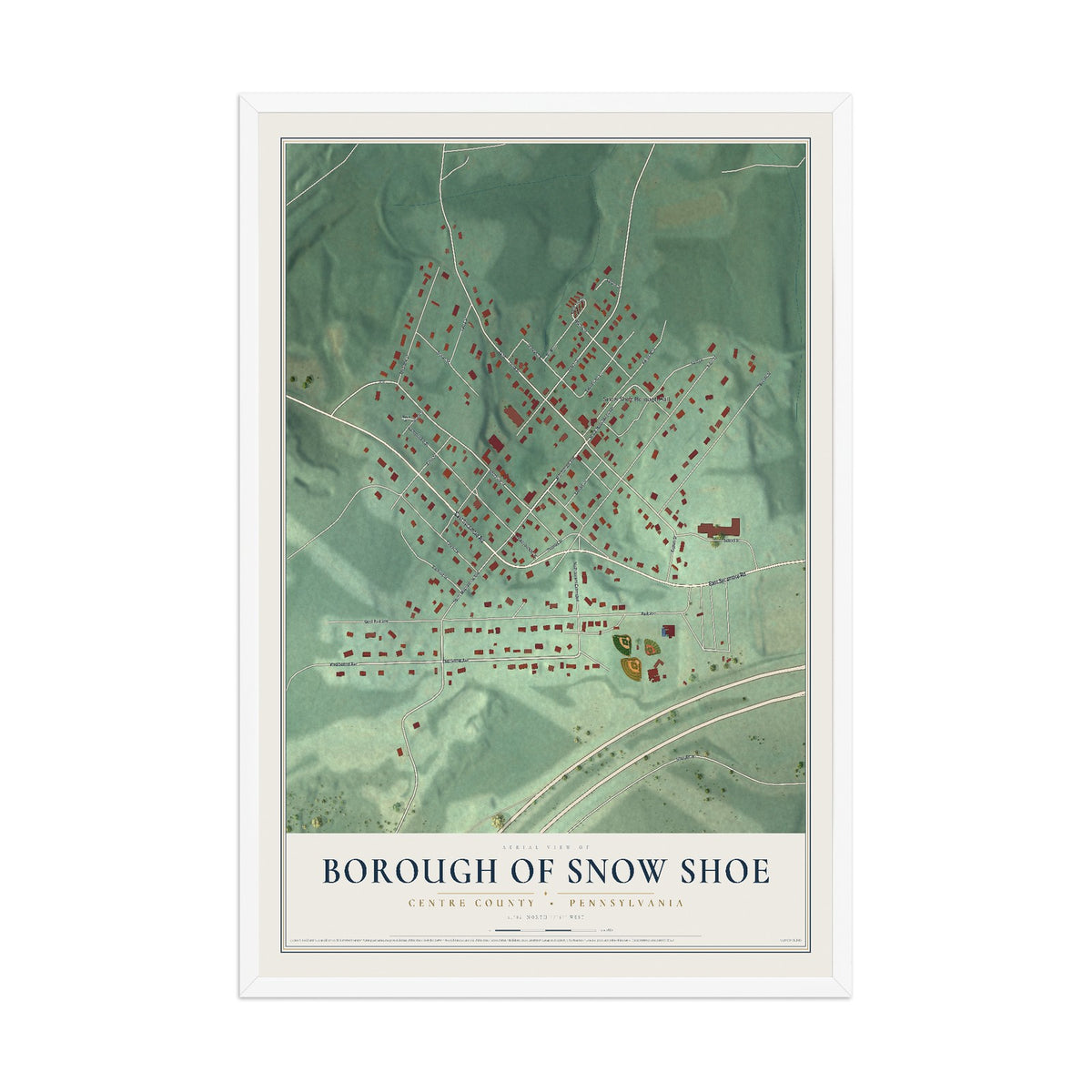 Map of the Borough of Snow Shoe, Centre County, Pennsylvania, 12 x 18 inch print in a white wood frame