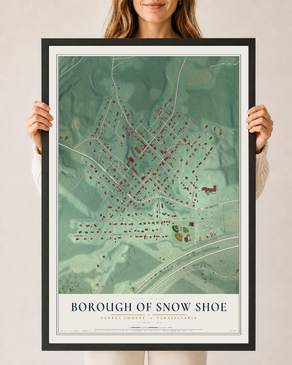 Map of the Borough of Snow Shoe, Centre County, Pennsylvania, 24 x 36 inch print in a black wood frame