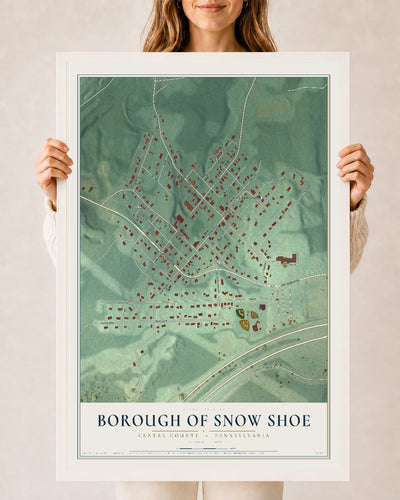 Map of the Borough of Snow Shoe, Centre County, Pennsylvania, 24 x 36 inch print in a white wood frame