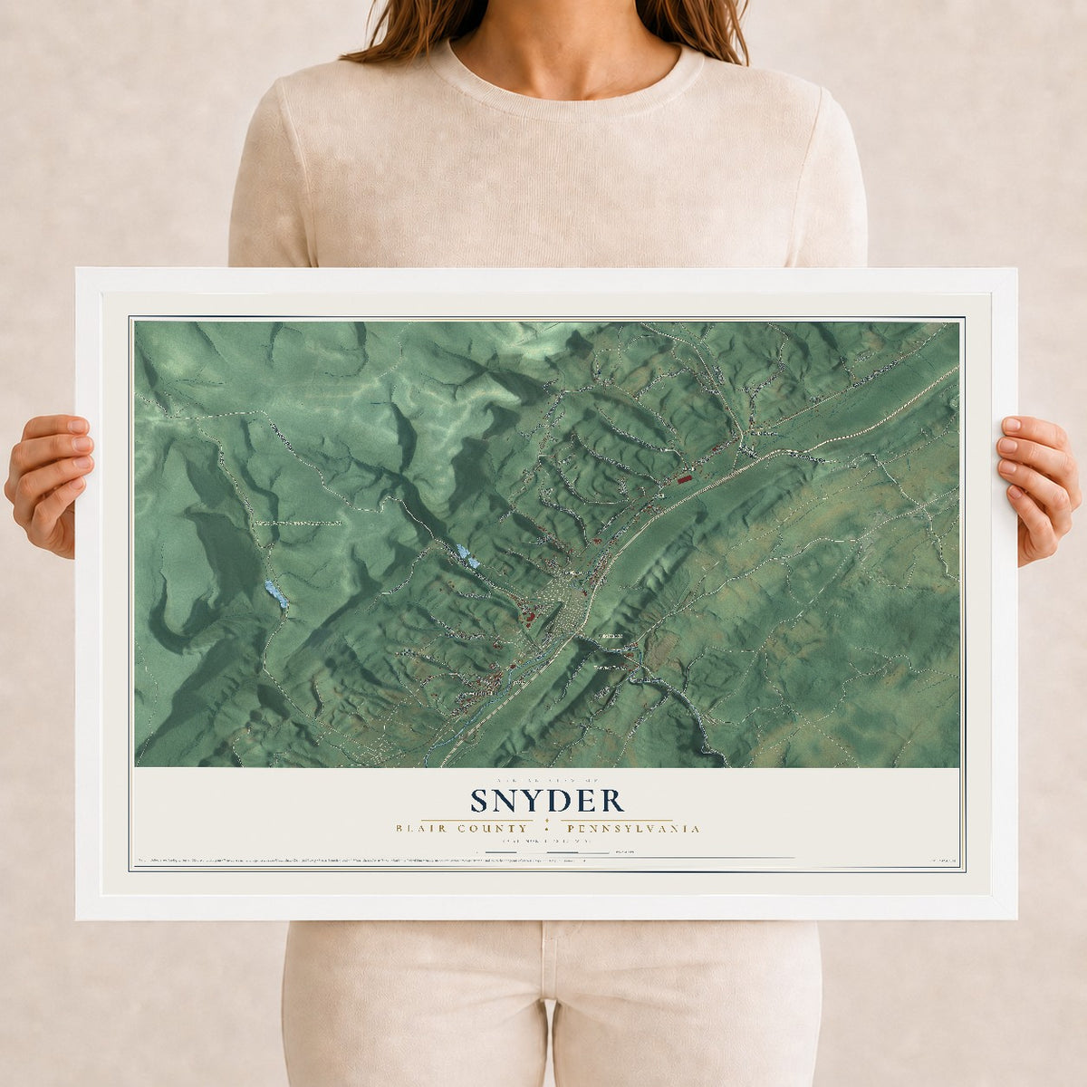 Map of Snyder, Blair County, Pennsylvania, 12 x 18 inch print in a white wood frame