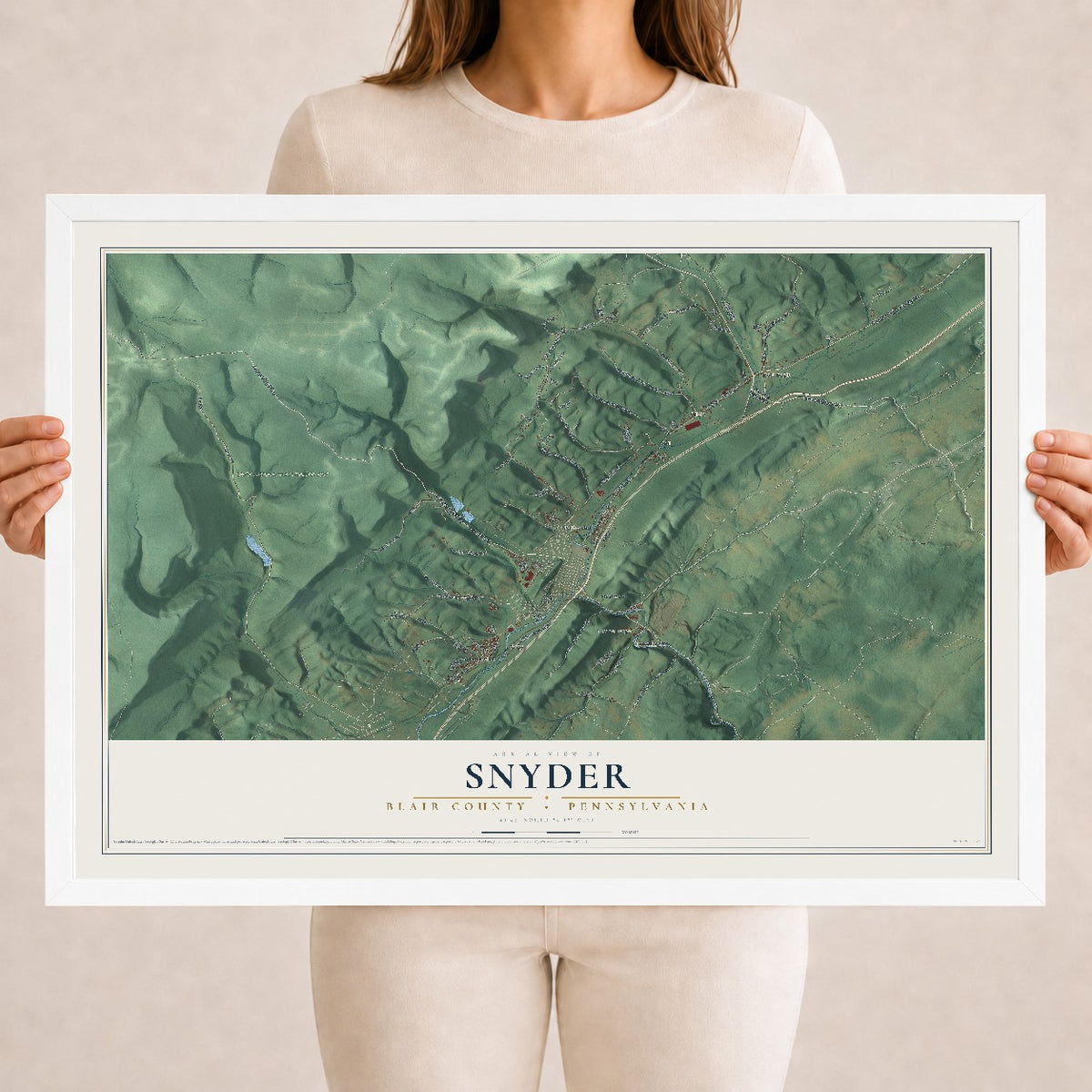 Map of Snyder, Blair County, Pennsylvania, 18 x 24 inch print in a white wood frame
