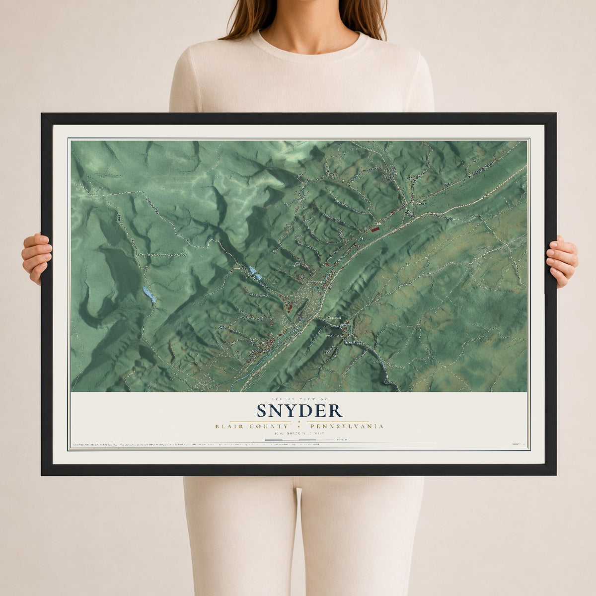 Map of Snyder, Blair County, Pennsylvania, 24 x 36 inch print in a black wood frame