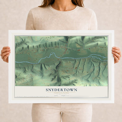 Map of Snydertown, Pennsylvania, 12 x 18 inch print in a white wood frame