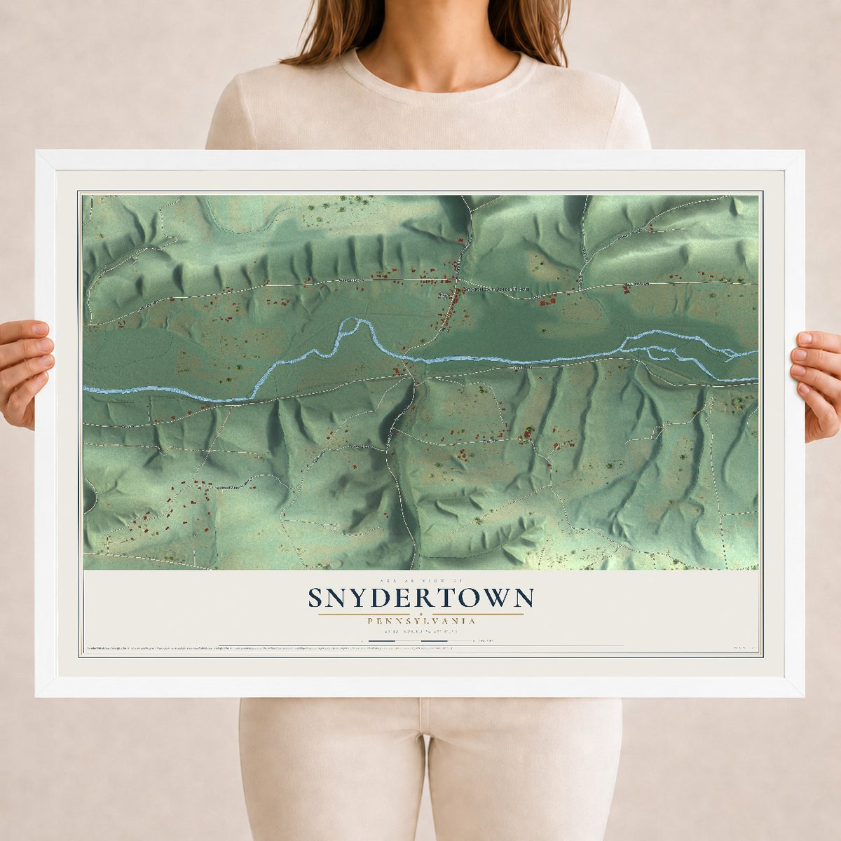 Map of Snydertown, Pennsylvania, 18 x 24 inch print in a white wood frame
