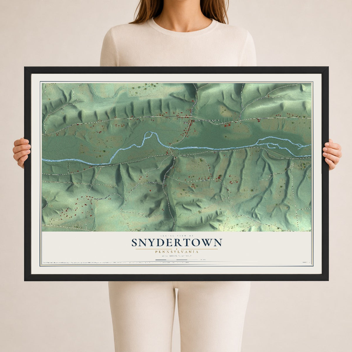 Map of Snydertown, Pennsylvania, 24 x 36 inch print in a black wood frame