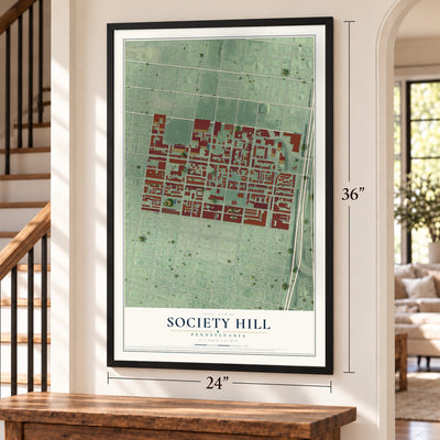 Society Hill, Pennsylvania map, 24 x 36 inch print in a black frame by a staircase