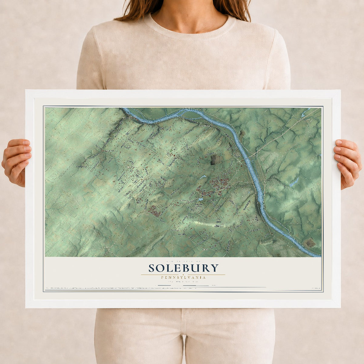 Map of Solebury, Pennsylvania, 12 x 18 inch print in a white wood frame