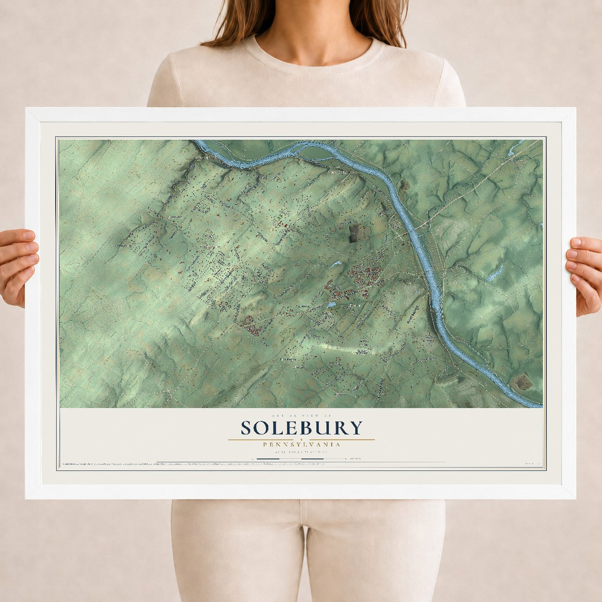 Map of Solebury, Pennsylvania, 18 x 24 inch print in a white wood frame