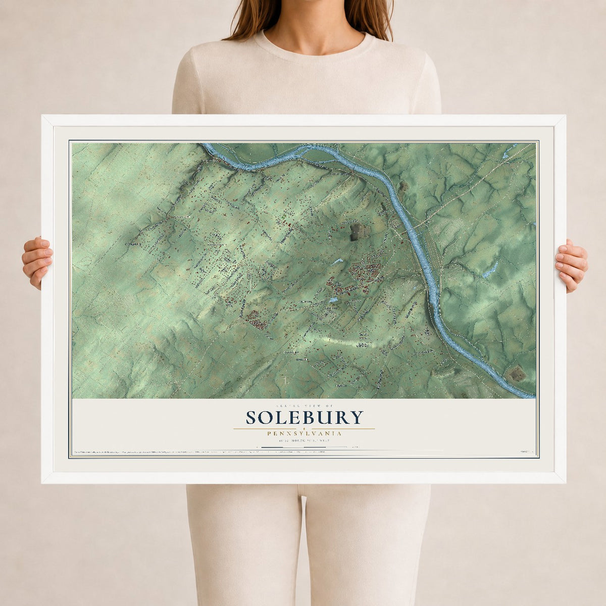 Map of Solebury, Pennsylvania, 24 x 36 inch print in a white wood frame