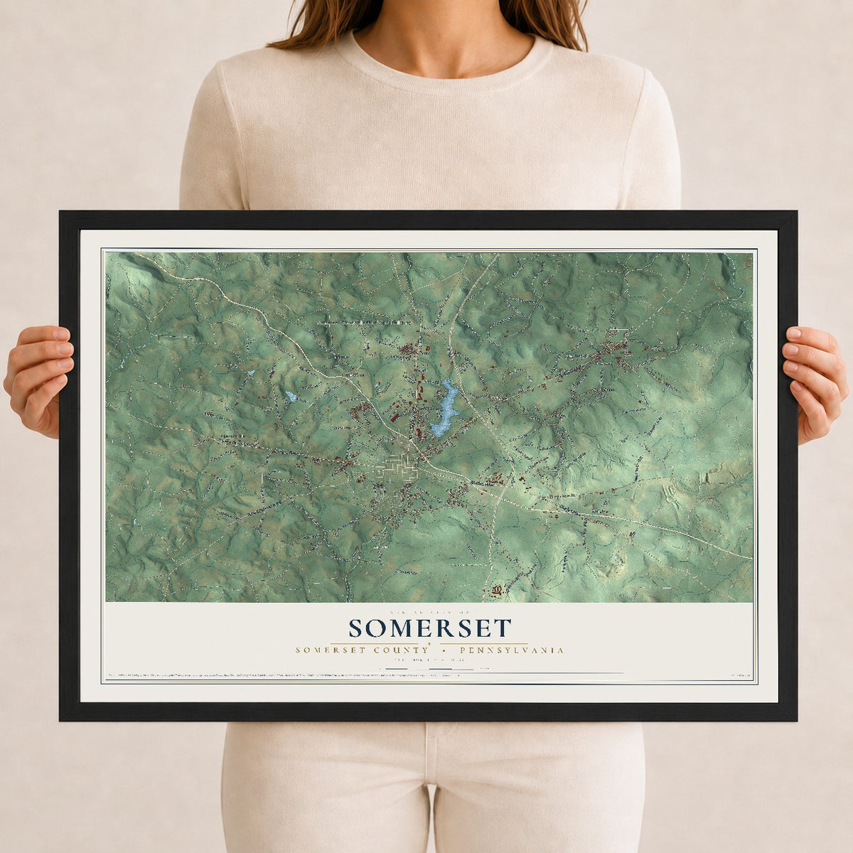 Map of Somerset, Somerset County, Pennsylvania, 12 x 18 inch print in a black wood frame