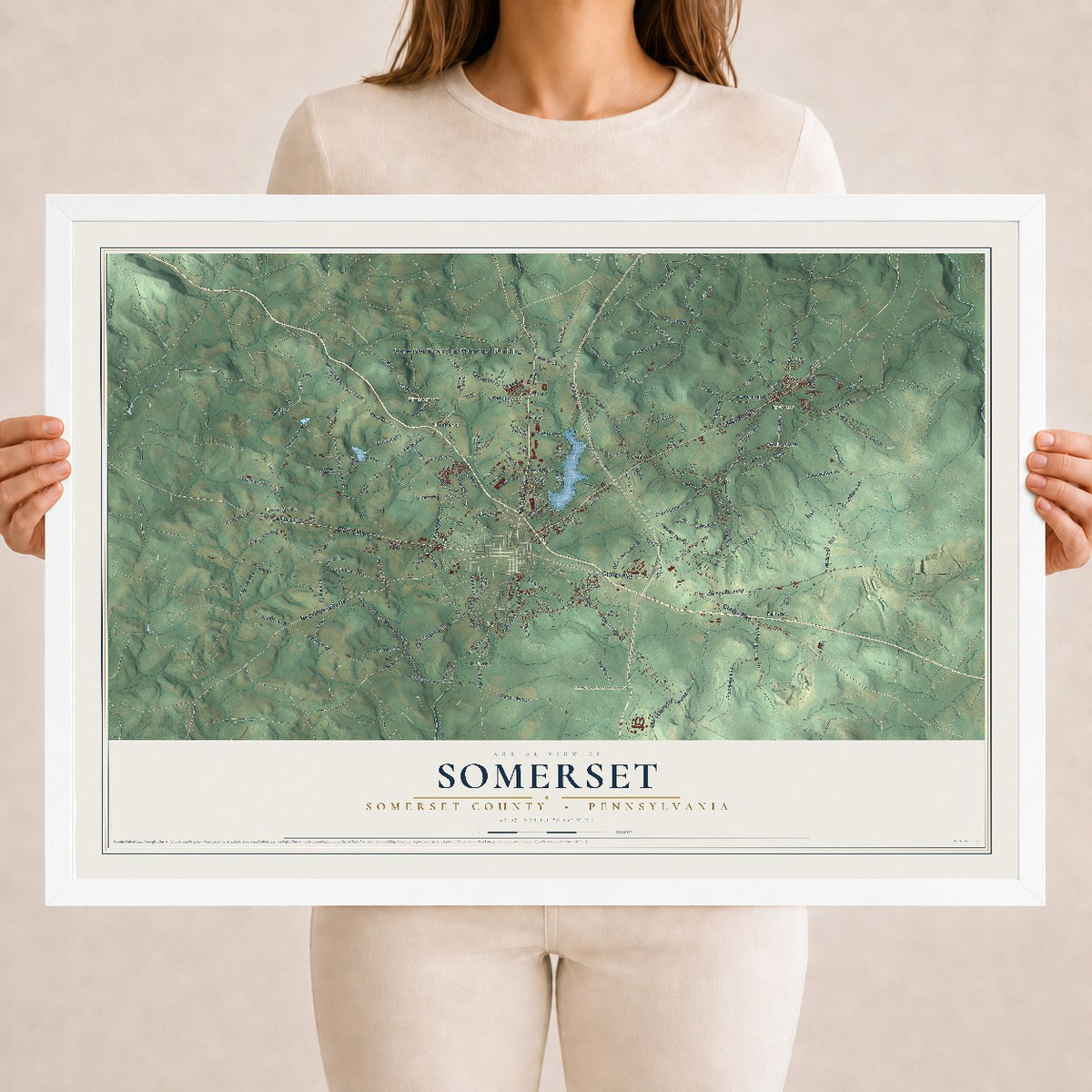 Map of Somerset, Somerset County, Pennsylvania, 18 x 24 inch print in a white wood frame