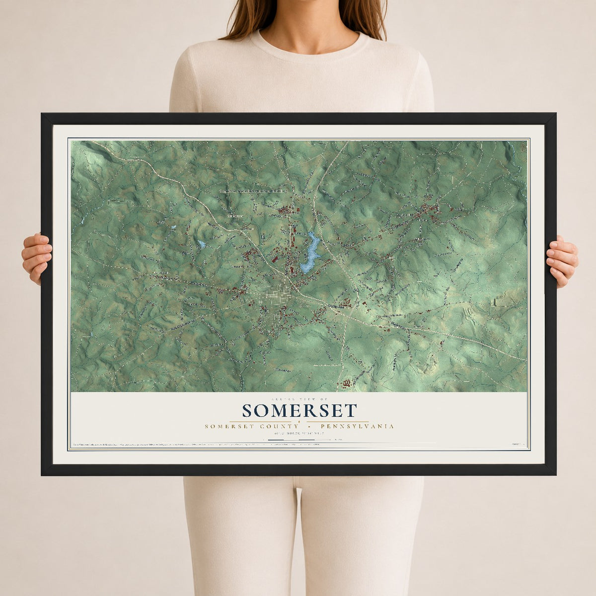 Map of Somerset, Somerset County, Pennsylvania, 24 x 36 inch print in a black wood frame