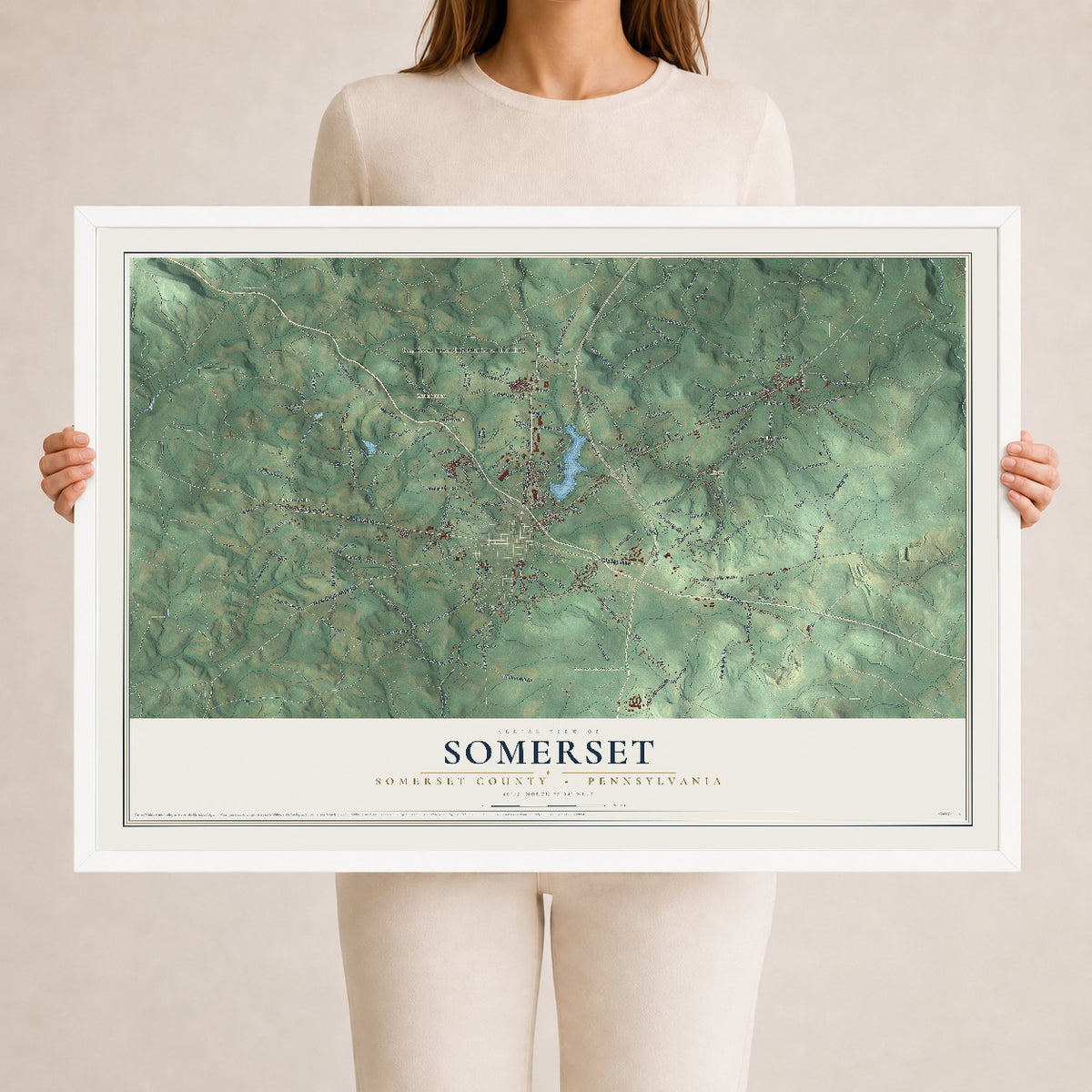 Map of Somerset, Somerset County, Pennsylvania, 24 x 36 inch print in a white wood frame