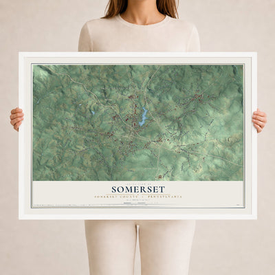 Map of Somerset, Somerset County, Pennsylvania, 24 x 36 inch print in a white wood frame