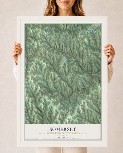 Map of Somerset, Washington County, Pennsylvania, 24 x 36 inch print in a white wood frame