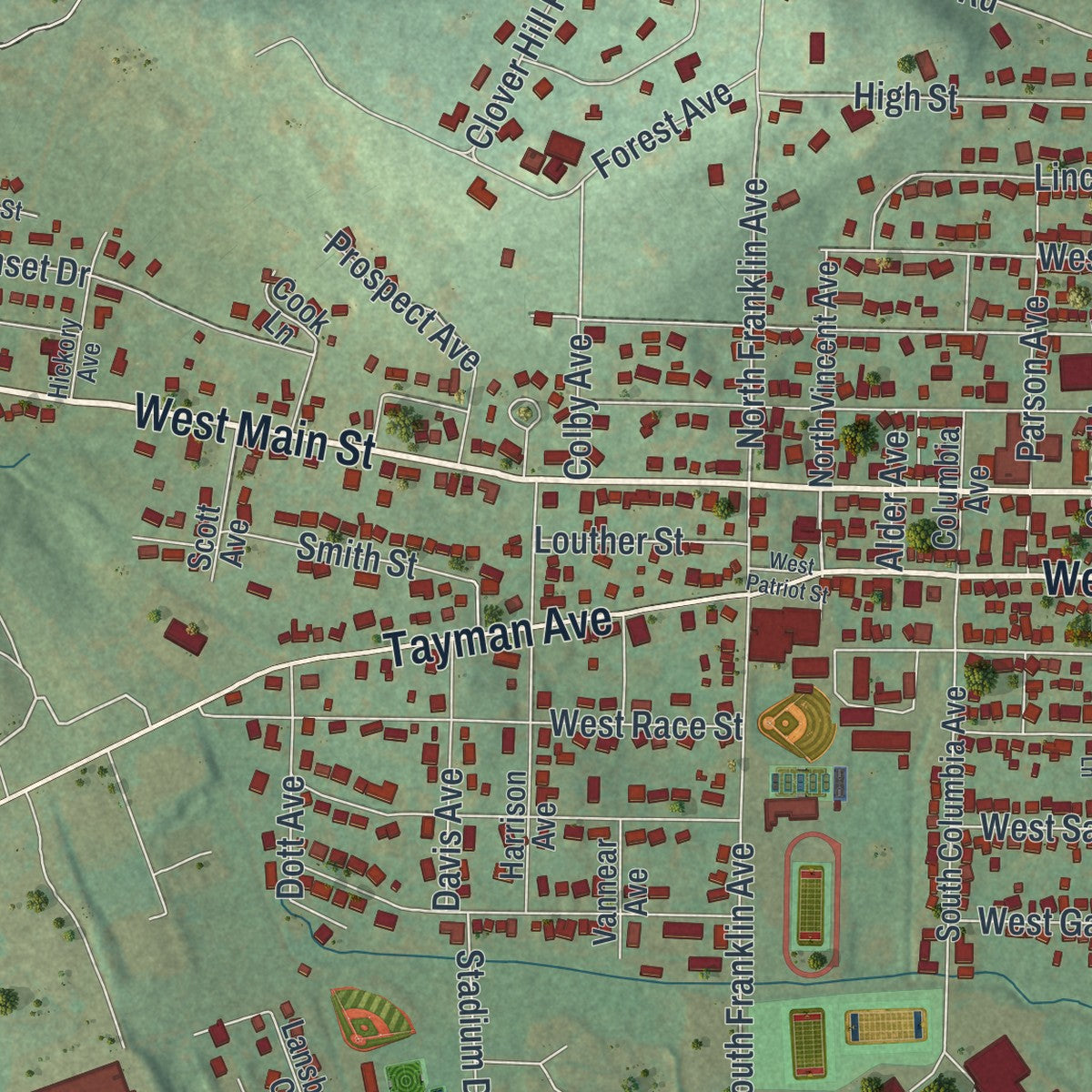 Close-up of the map of the Borough of Somerset, Somerset County, Pennsylvania print showing street and building detail